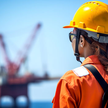 A Superior Energy Services employee looking out at a rig in the gulf